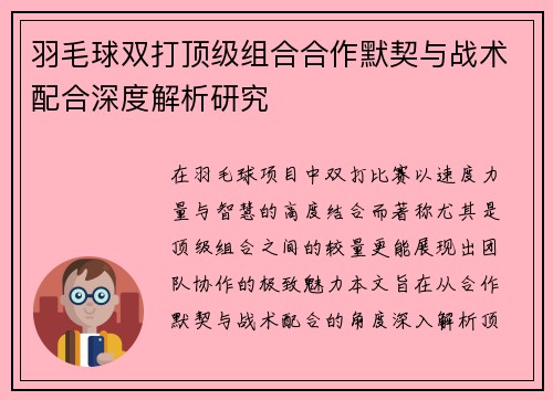 羽毛球双打顶级组合合作默契与战术配合深度解析研究